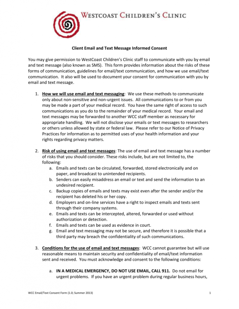 Client Email And Text Message Informed Consent Printable Consent Form