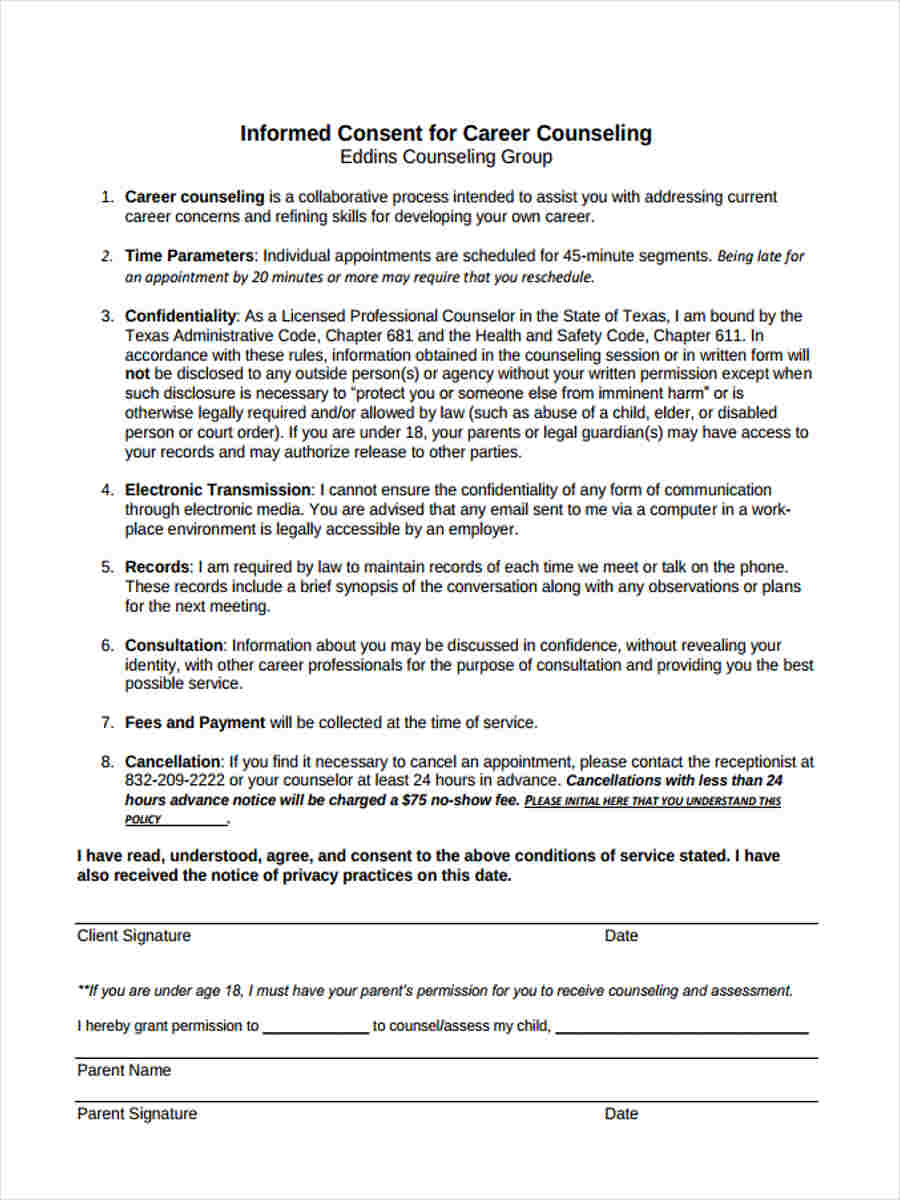 Informed Consent Form Counseling Example Printable Consent Form