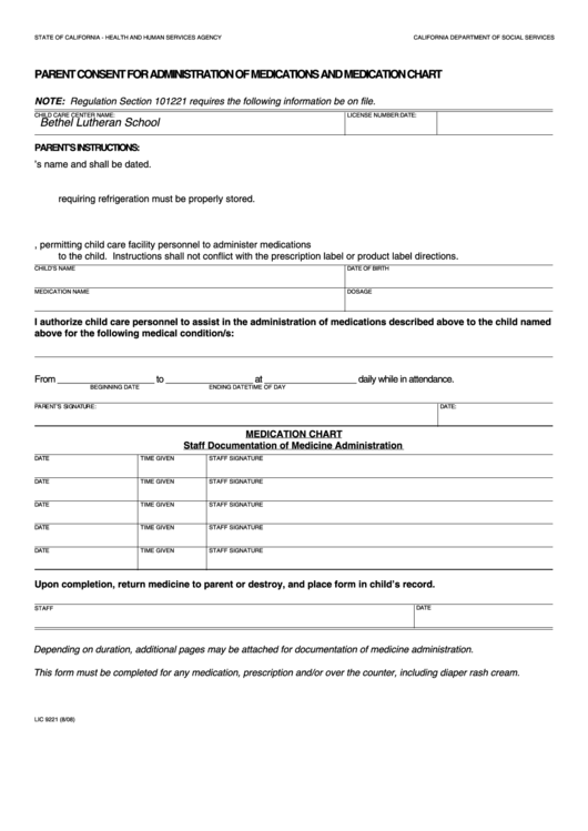 Parent Consent Form For Administration Medication