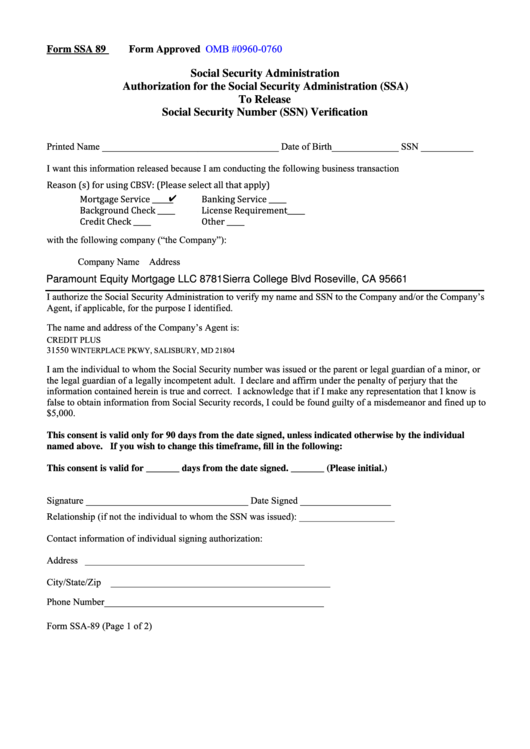 Ssa 89 Consent Form Printable Consent Form 9424