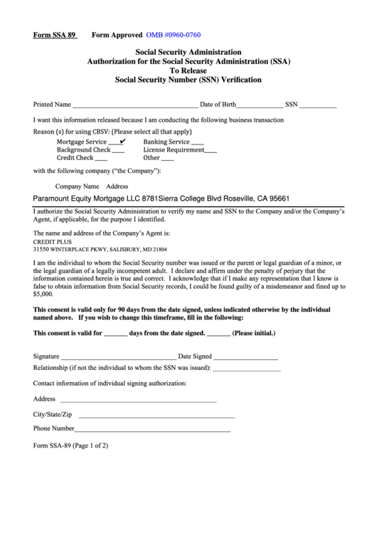 Ssa 89 Consent Form Printable Consent Form 9636