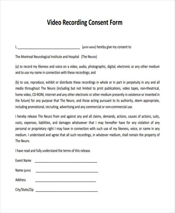Video Recording Consent Form Template Printable Consent Form