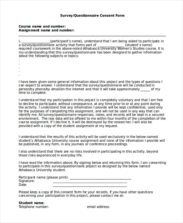 Consent Form For Research Questionnaire Pdf
