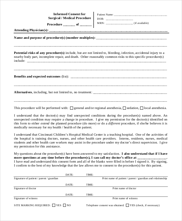 Sample Informed Consent Form For Medical Procedure