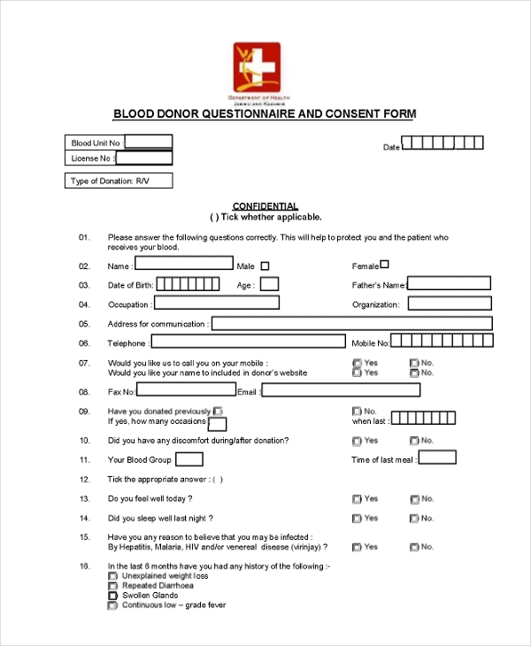 Blood Donor Questionnaire And Consent Form