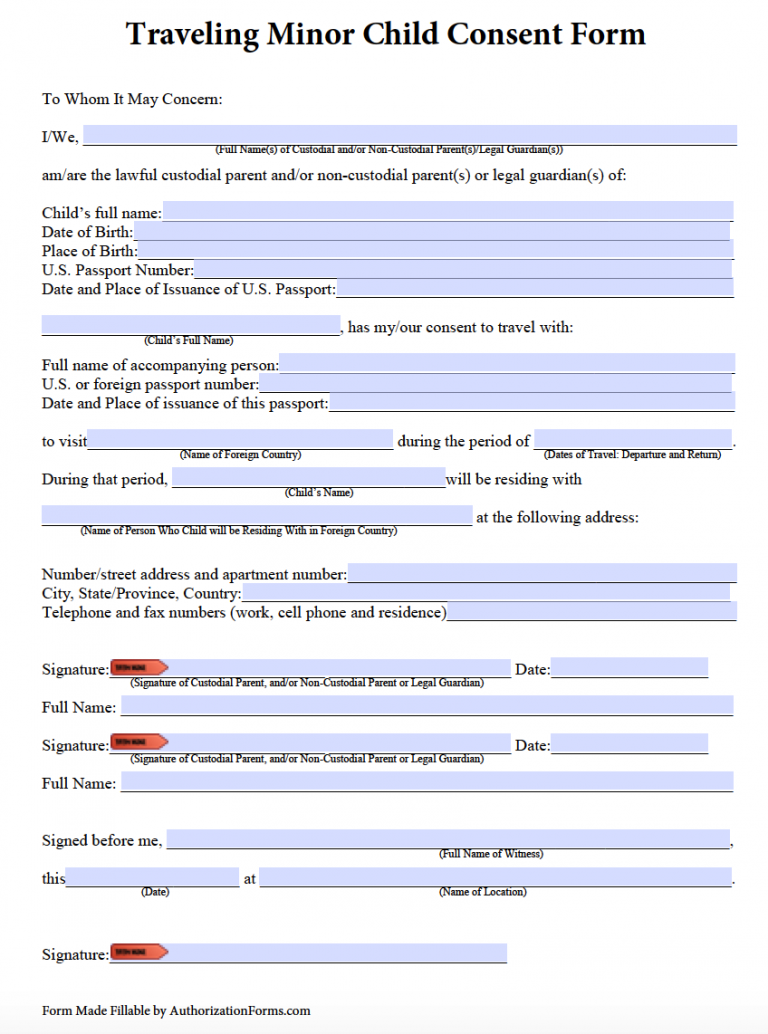 Free Minor Child Travel Consent Form PDF Printable Consent Form