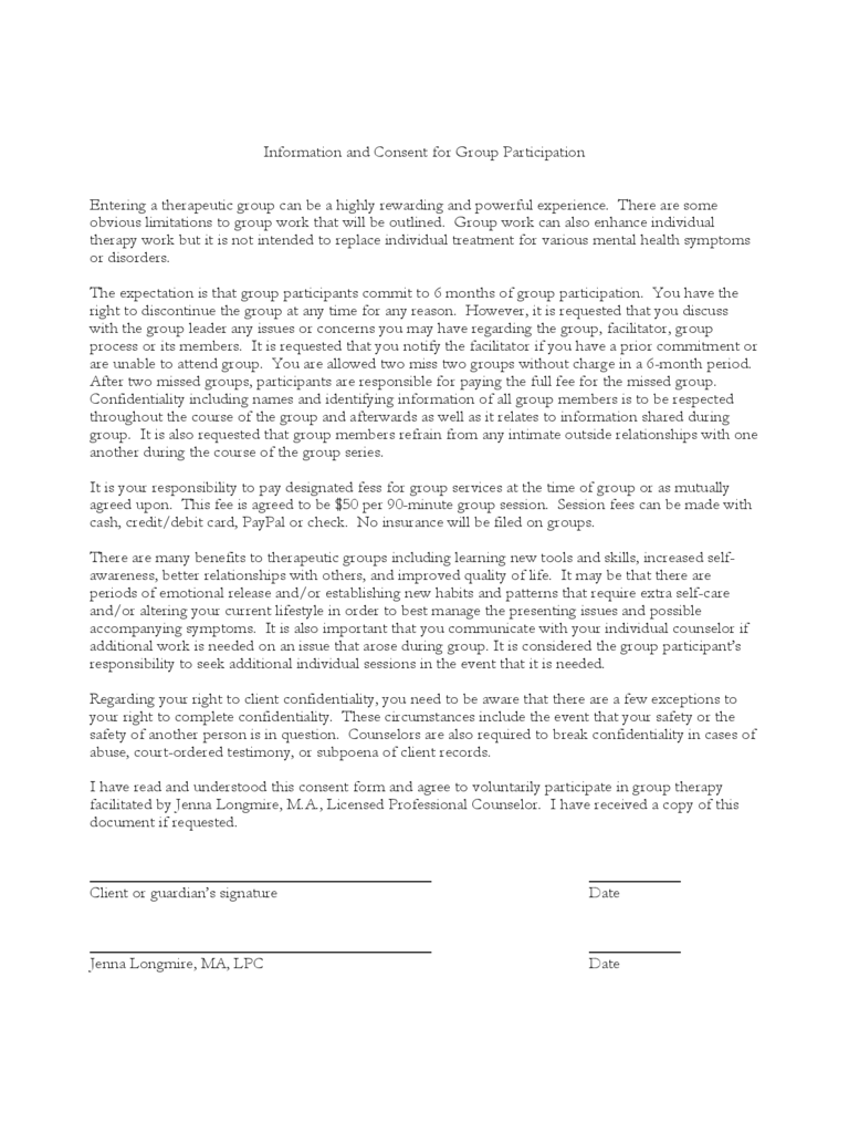 Group Therapy Informed Consent Form Template