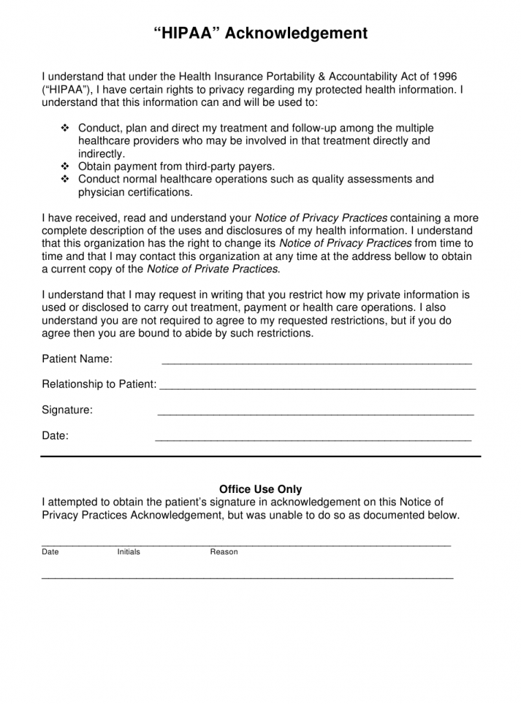 Hipaa Acknowledgement And Consent Form