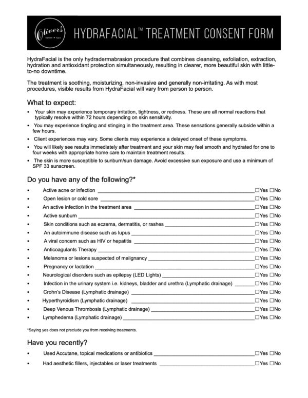 Hydrafacial Treatment Consent Form