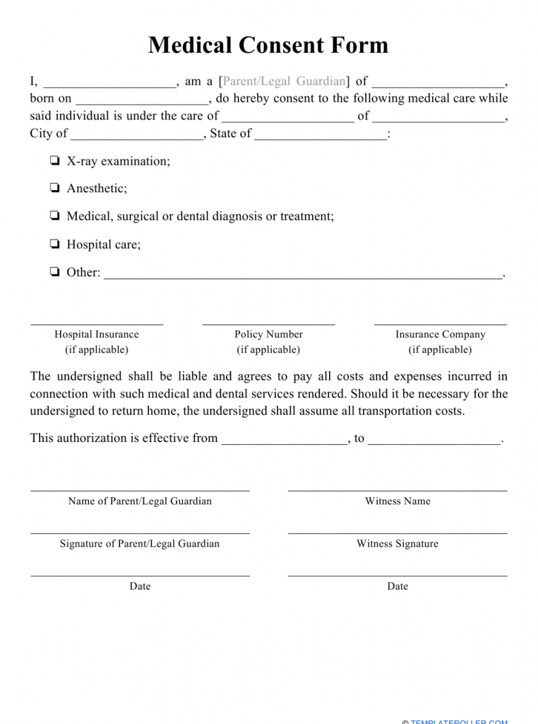 Informed Consent Form For Medical Treatment Template