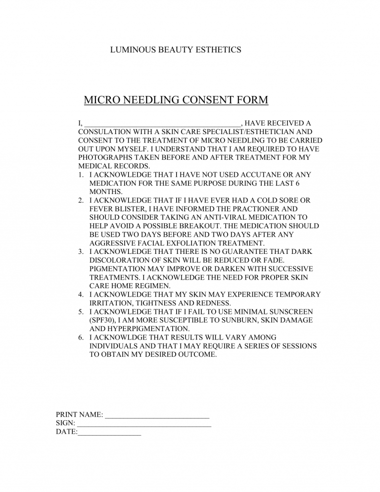 Micro Needling Consent Form Printable Consent Form 2346