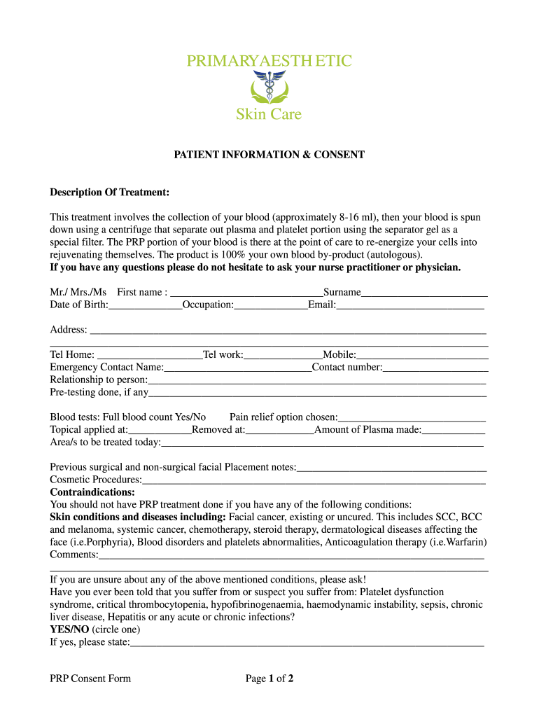 Consent Form For Prp Procedure Printable Consent Form 2959