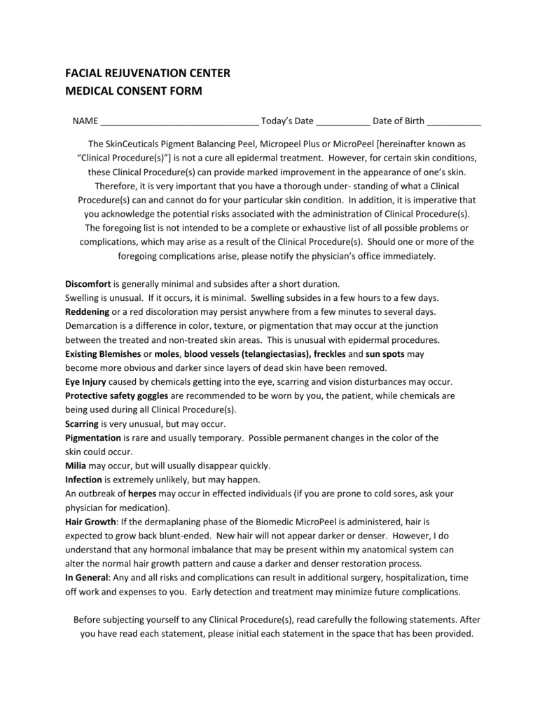 Skinceuticals Chemical Peel Consent Form