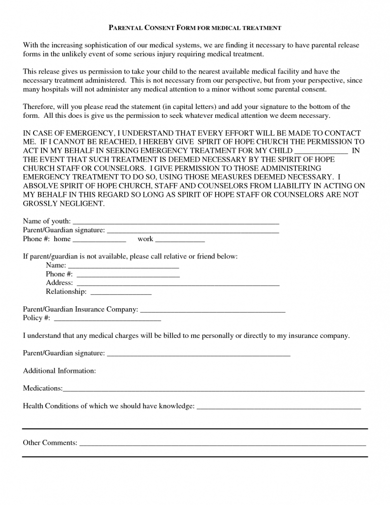 Parental Consent Form For Medical Treatment