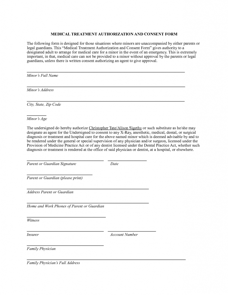 Parental Consent Form For Medical Treatment