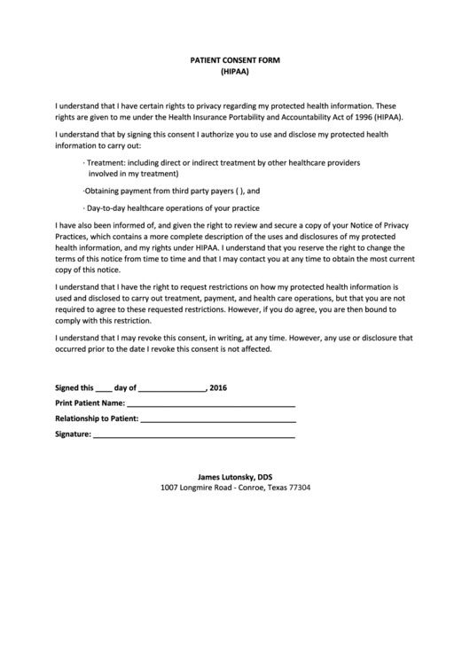 Hipaa Patient Consent Form Printable Consent Form 5492