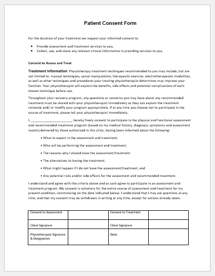 Consent Form For Physiotherapy Treatment