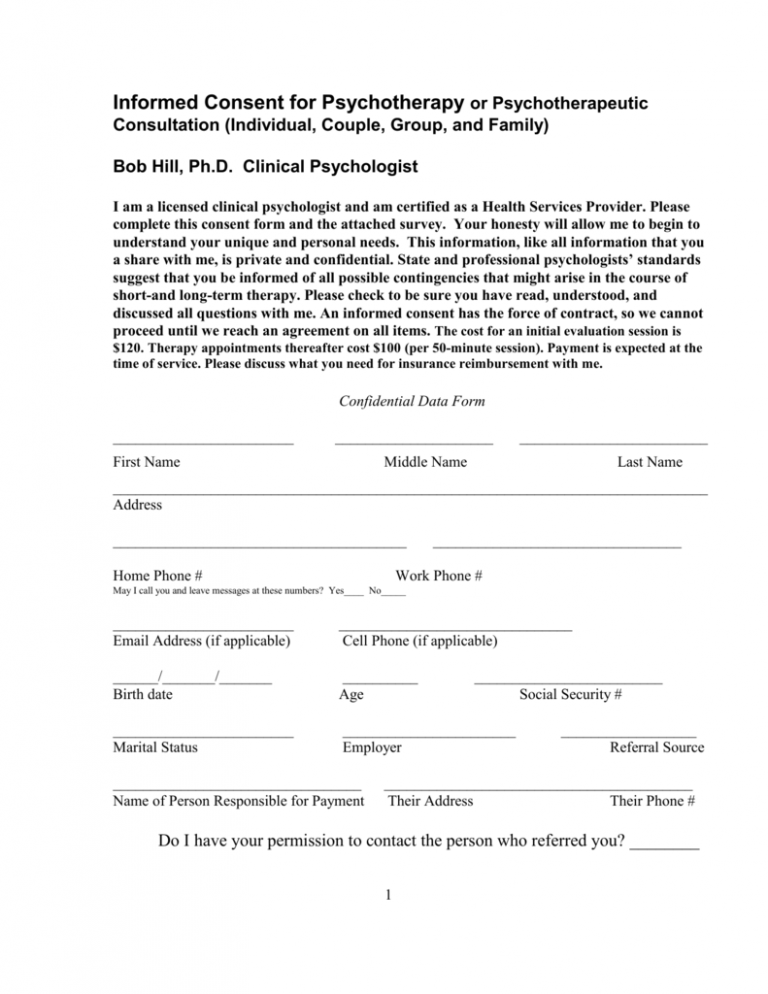Sample Informed Consent Form Counseling Printable Consent Form 7313