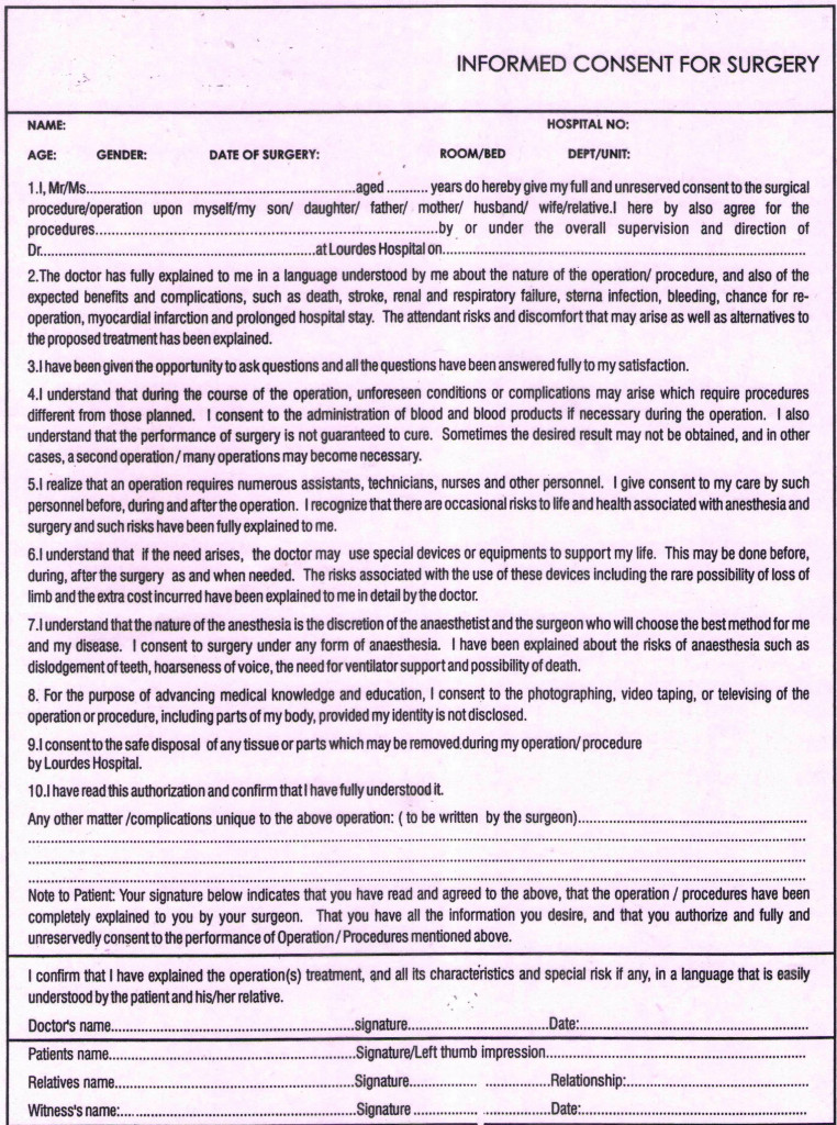 Informed Consent Form For Surgery In India