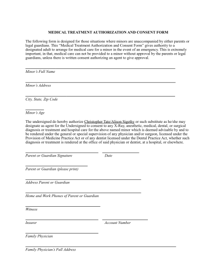 Medical Treatment Authorization And Consent Form For Adults