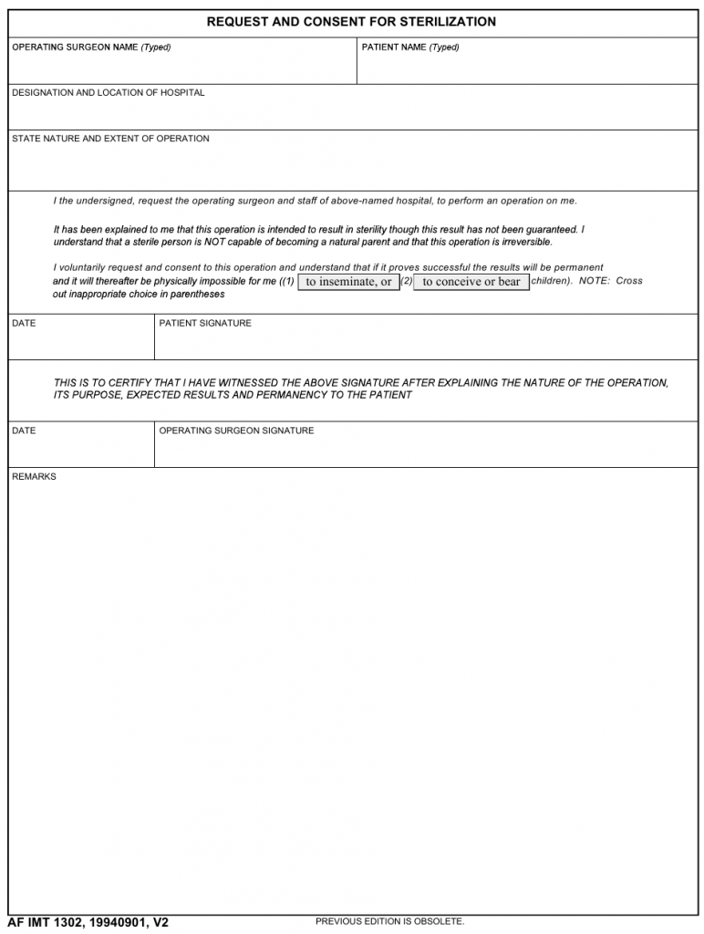 Application For Sterilization Operation And Consent Form