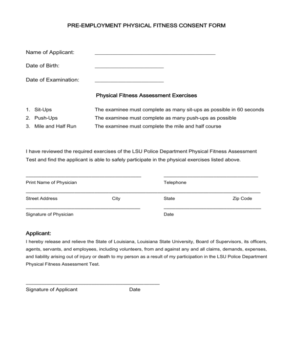 Consent Form For Fitness Testing