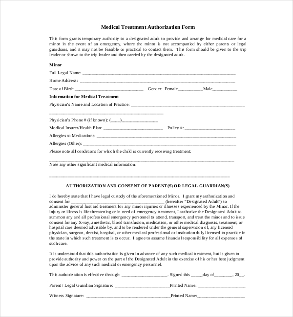 Medical Treatment Authorization And Consent Form For Adults