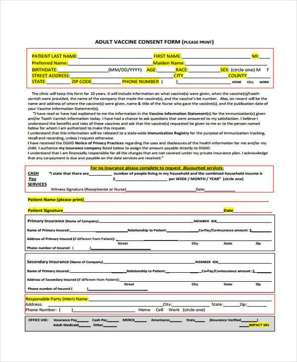 VACcine Consent Form For Adults