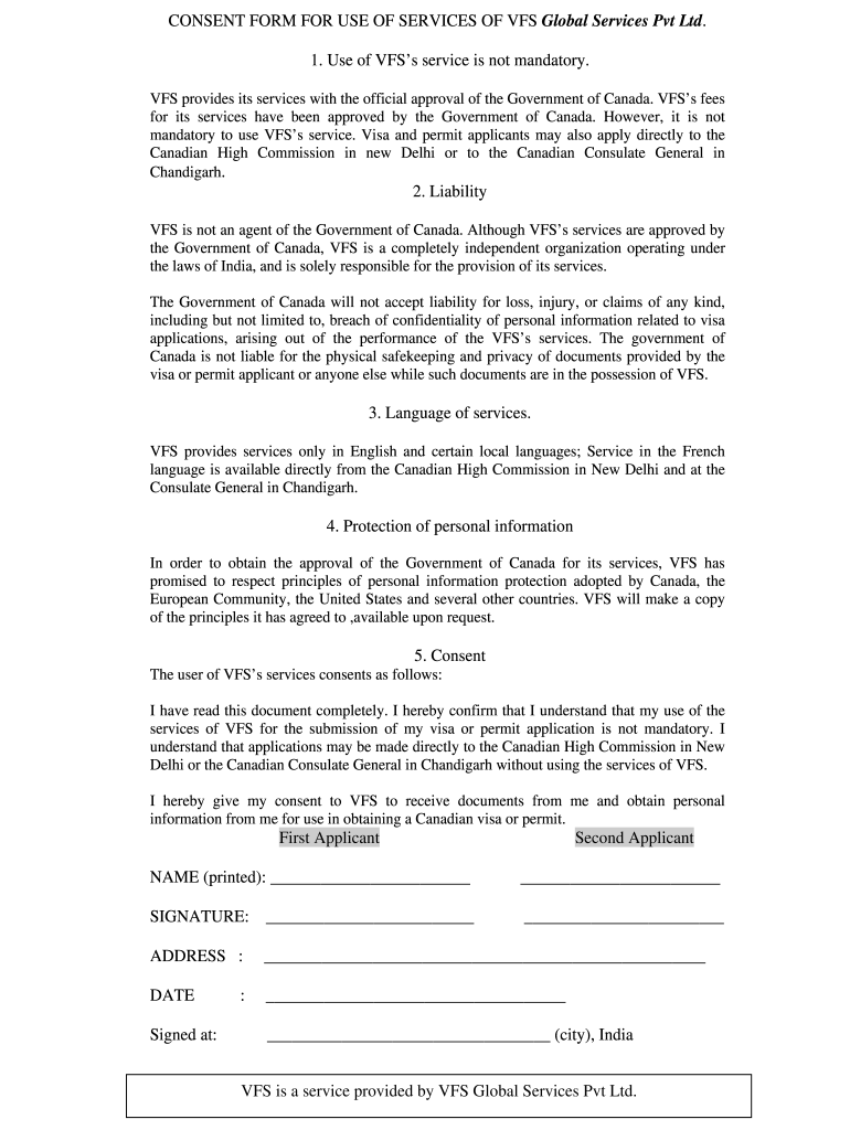 VFS Consent Form Canada 2019 India