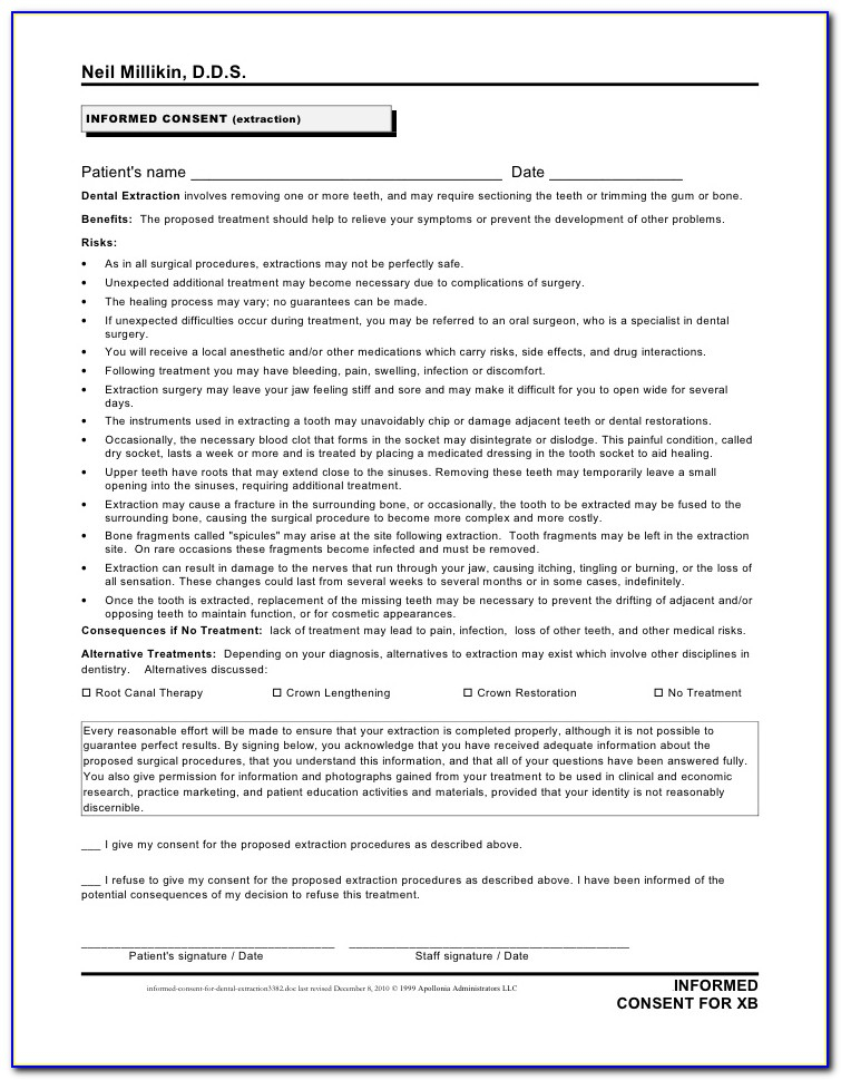 Primary Tooth Extraction Consent Form