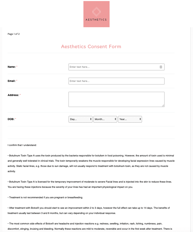 Esthetics Consent Form