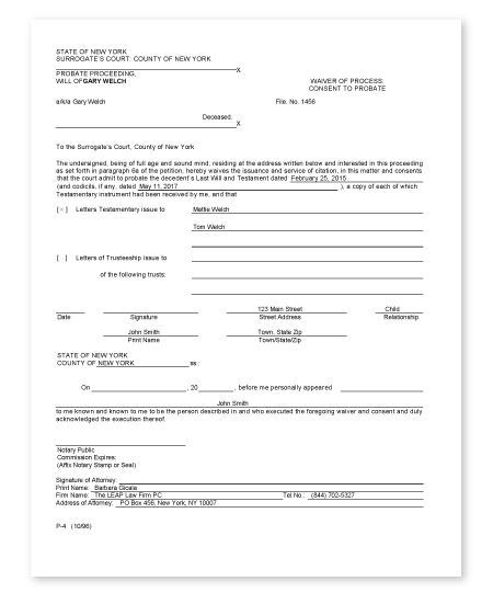 Waiver Of Process Consent To Probate Form