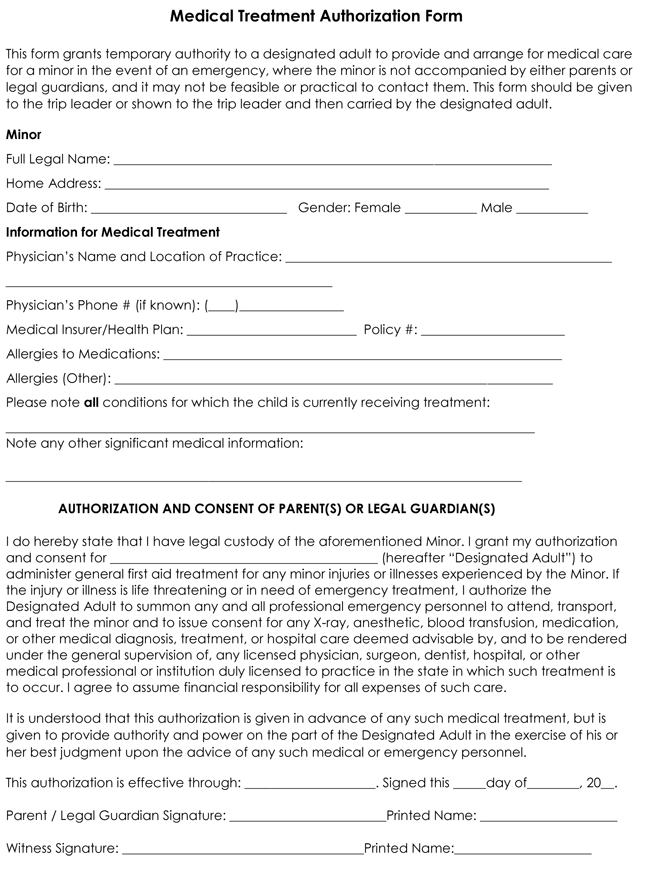 Medical Treatment Printable Medical Consent Form For Minor