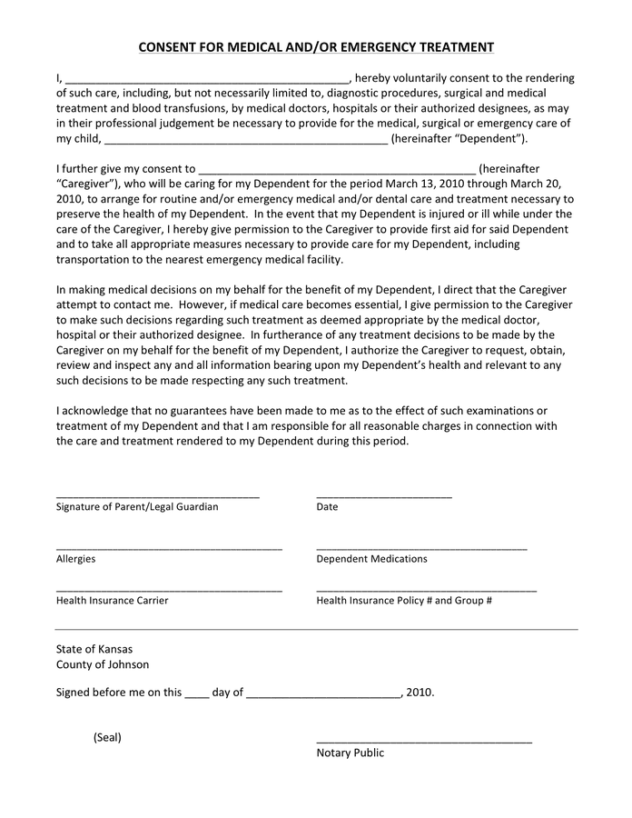 Consent For Emergency Medical Treatment Form