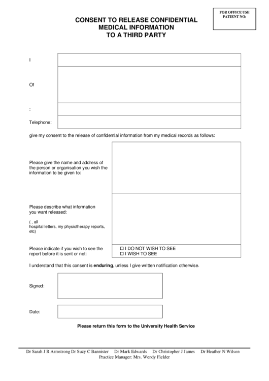 Consent Form To Release Medical Information To A Third Party
