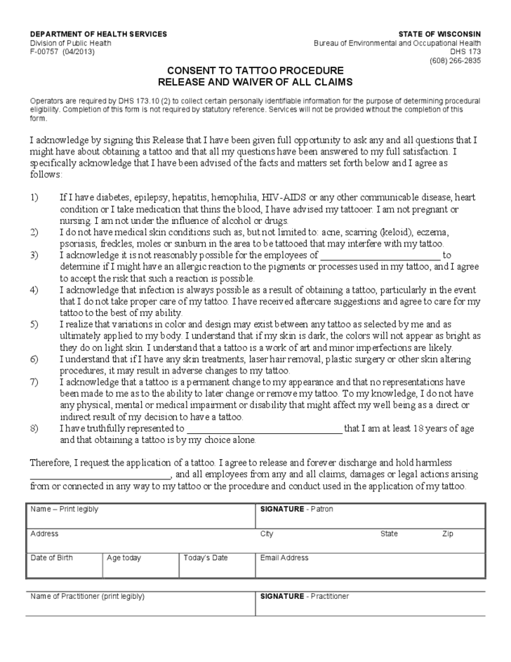 Tattoo Consent And Release Form