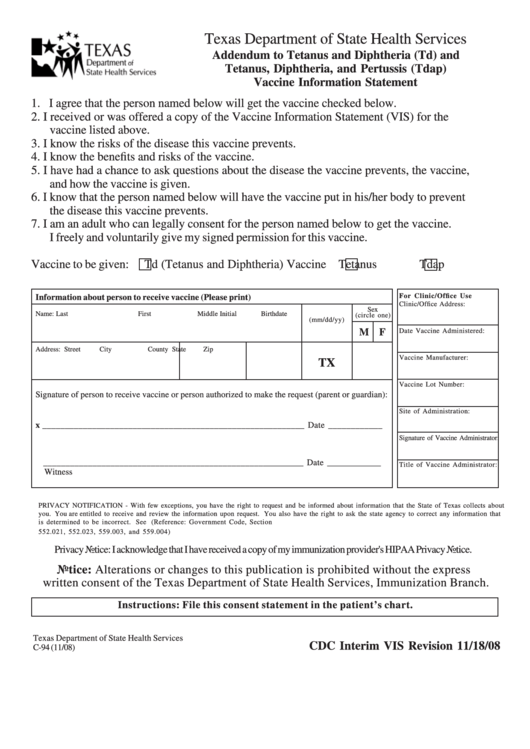 Tdap Consent Form Texas