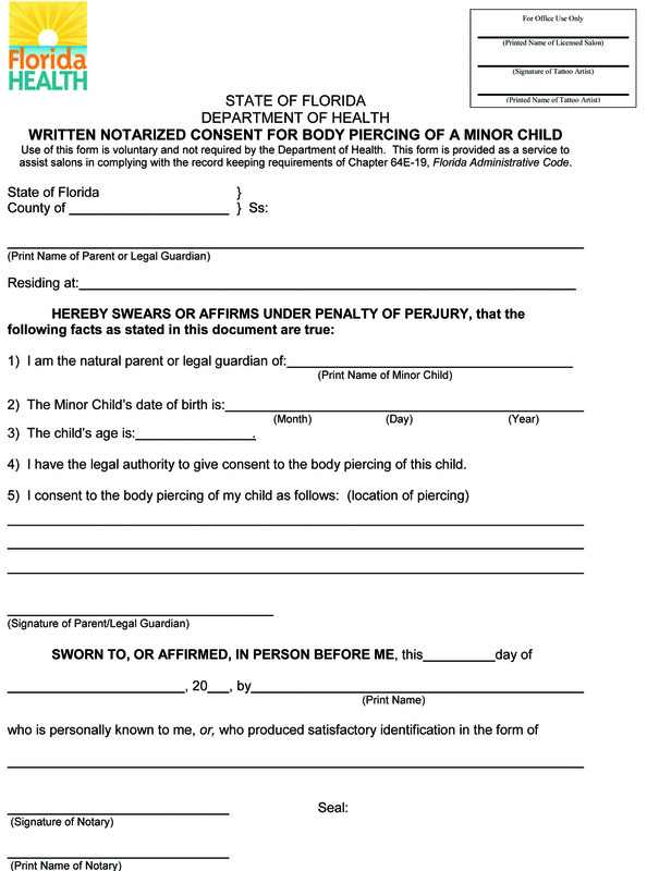 Notarized Florida State Minor Piercing Consent Form