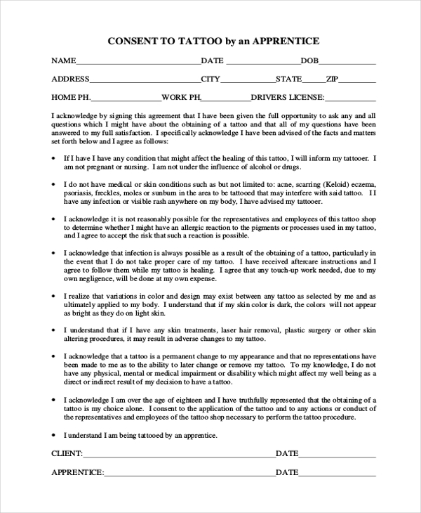 Tattoo Apprentice Consent Form