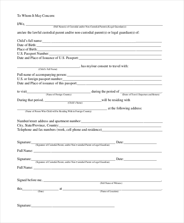 Consent To Travel Form