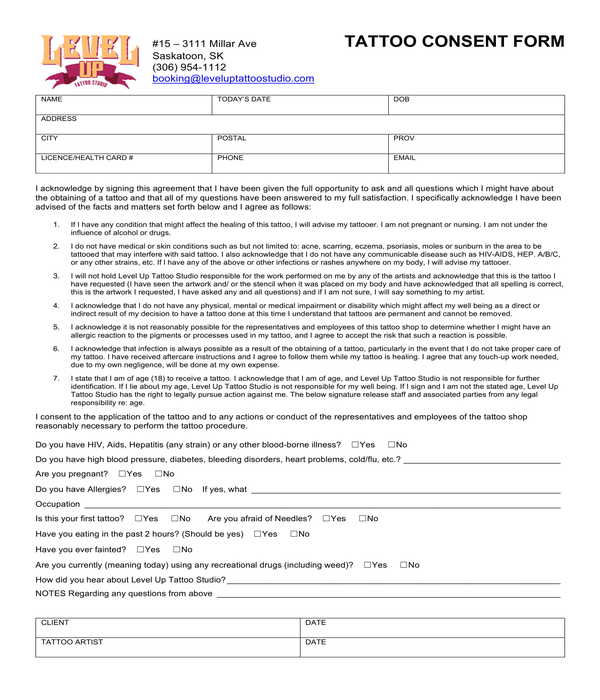 Tattoo Apprentice Consent Form