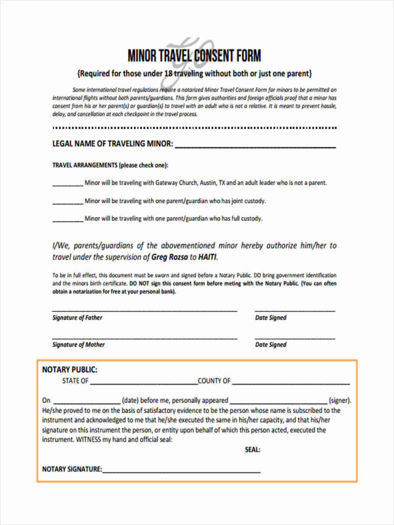 Travel Consent Form For Minor