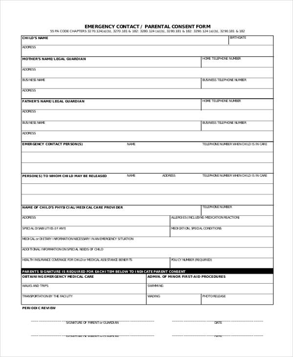 Emergency Contact Parental Consent Form