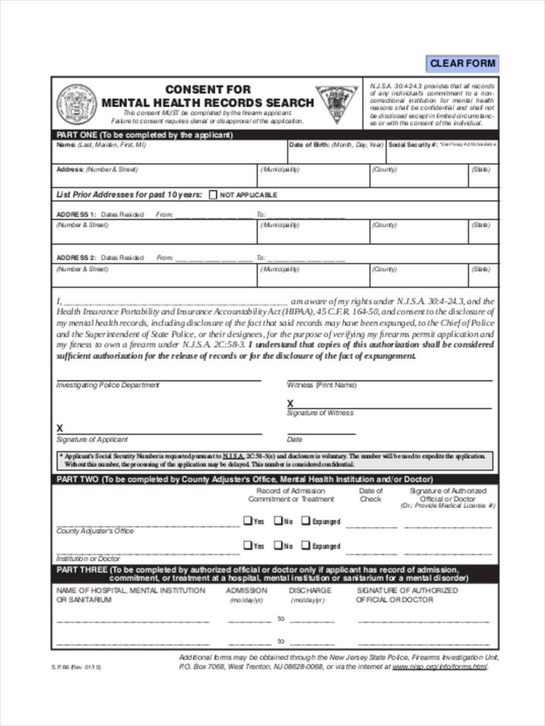 Consent For Mental Health Records Search Form