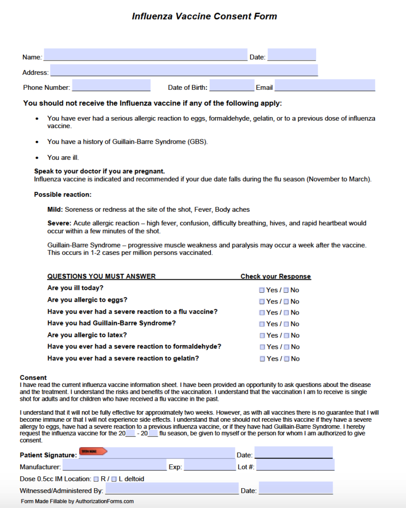 Flu Vaccine Consent Form For Adults