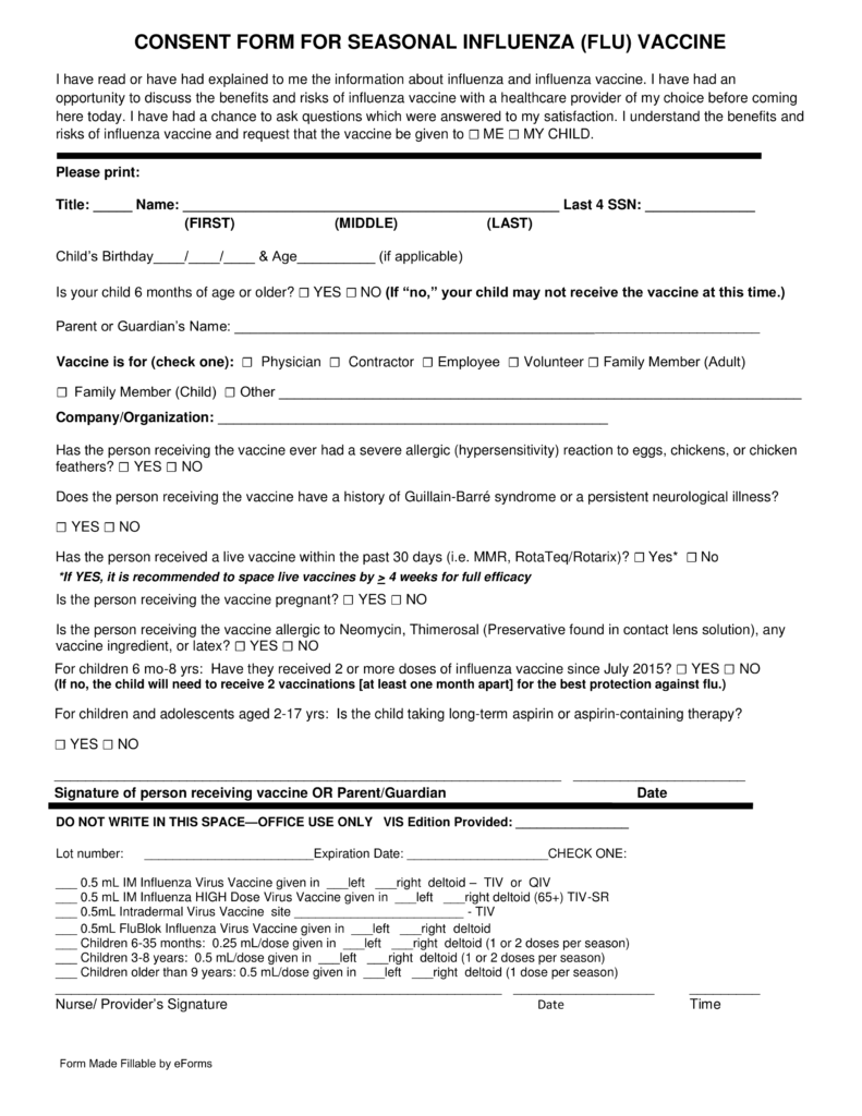 Flu Vaccine Consent Form For Adults