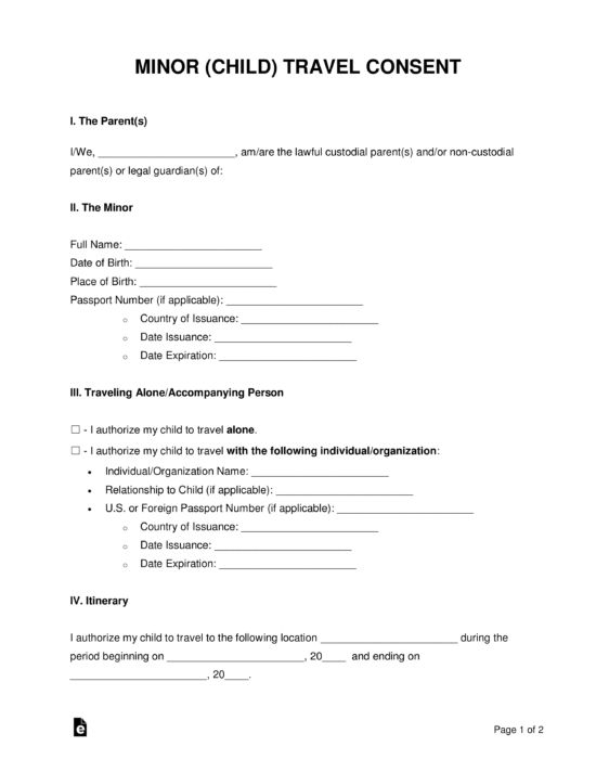 Unaccompanied Minor Travel Consent Form