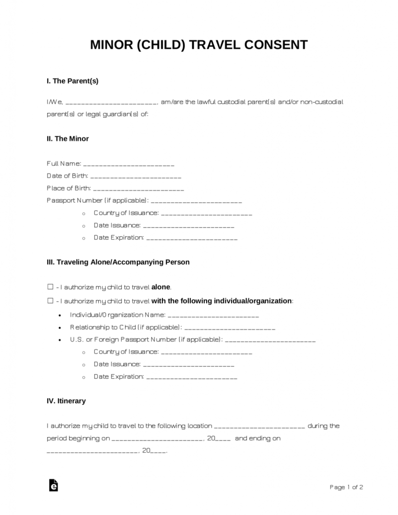 Minor Travel Consent Form With One Parent
