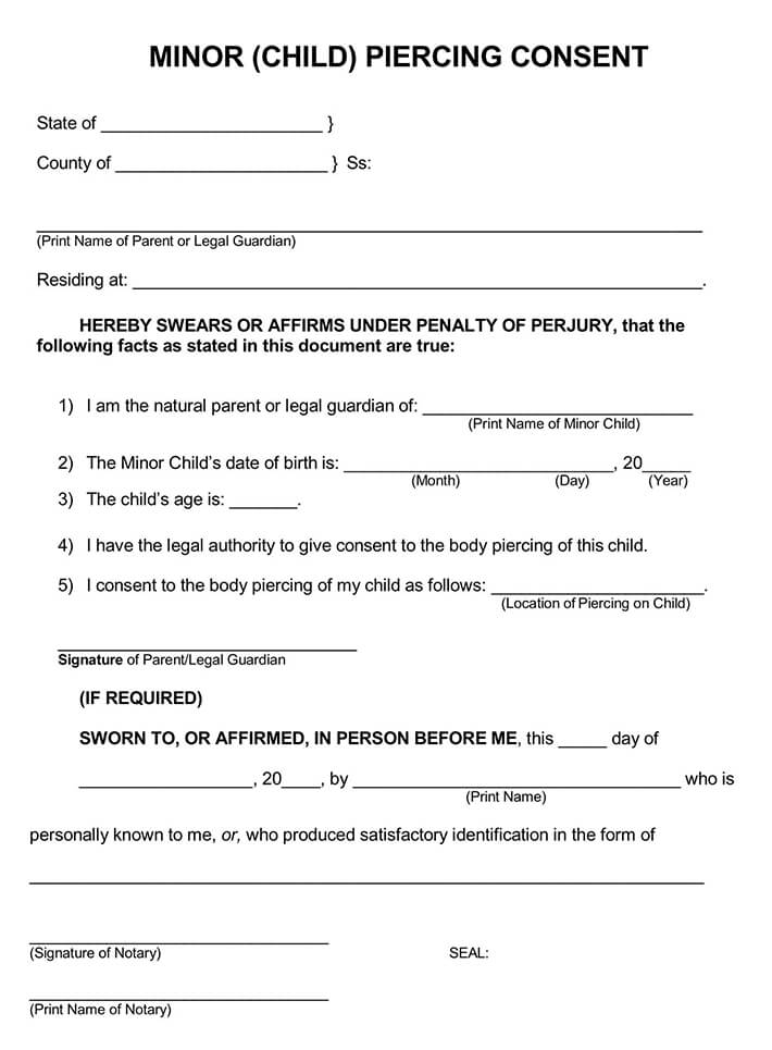 Notarized Florida State Minor Piercing Consent Form