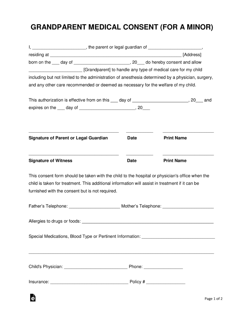 Minor Medical Consent Form For Grandparents